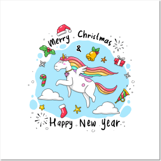 Flying unicorn - Merry Christmas and Happy New year Posters and Art